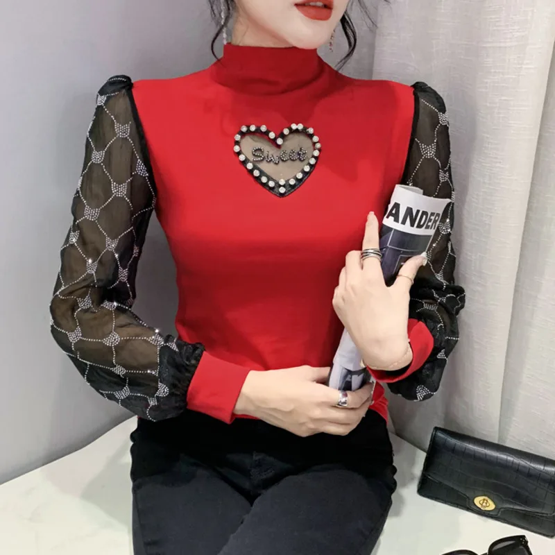 

New Black Red Splced Color Mesh Sleeve Turtleneck T Shirt Women Hollow Out Diamonds Letters Sexy Tight Tshirt Korean Fashion
