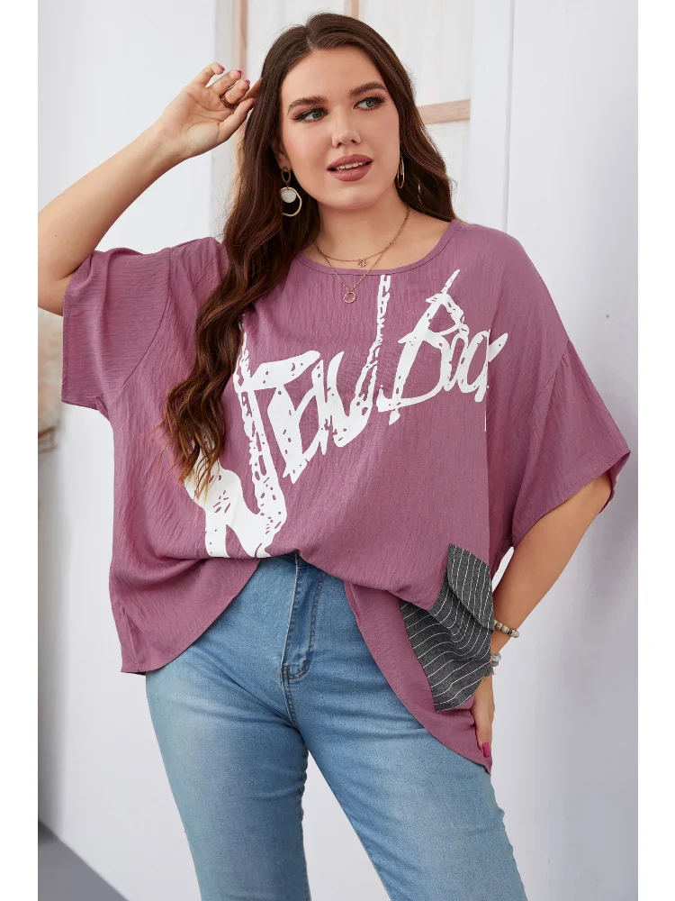 Large Women's Summer Style Commuter Pocket Round Neck Cotton Print Top plus size tee shirt femme grande taille