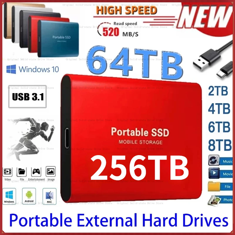 

External Hard Drive Portable SSD 2TB 4TB External Solid State Drive USB 3.1/Type-C Hard Disk High-Speed Storage for PC/Mac/Phone