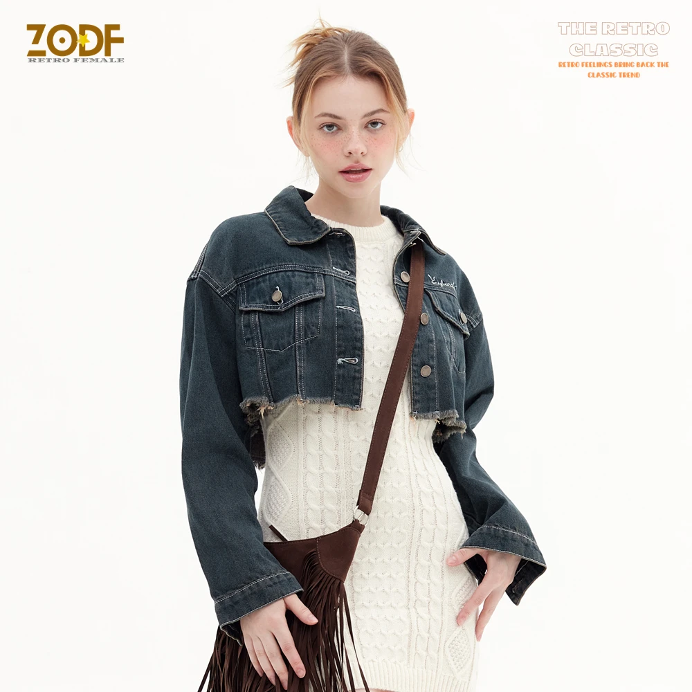 ZODF Hotsweet Women Tassel Short Jeans Jackets American Retro Girls High Street Turn Down Collar Denim Coat Outfits HN0043