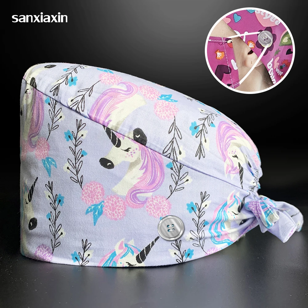 

Nursing Hat Adjustable Surgical Caps Breathable 100%Cotton Scrubs Cap with Button Operating Room Doctor Hat Medical Surgery Cap