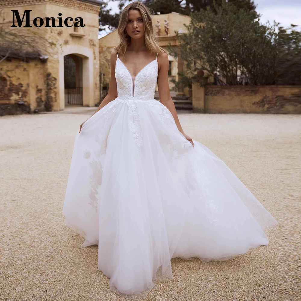 

MONICA Simple V-Neck Tulle Charming Spaghetti Straps Wedding Dresses For Bride Personalised Appliques Robe De Soirée De Mariage