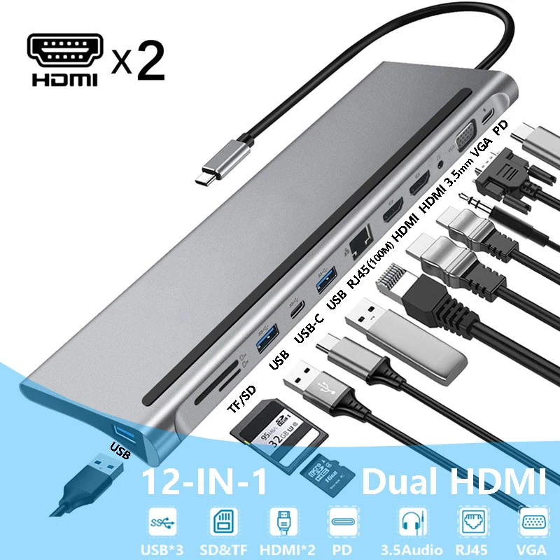 

12 in 1 Triple Display USB C Hub with VGA Ethernet, 100W PD, 3USB Ports SD/TF Card Reader Audio for Lenovo/HP/Dell Type-C Laptop