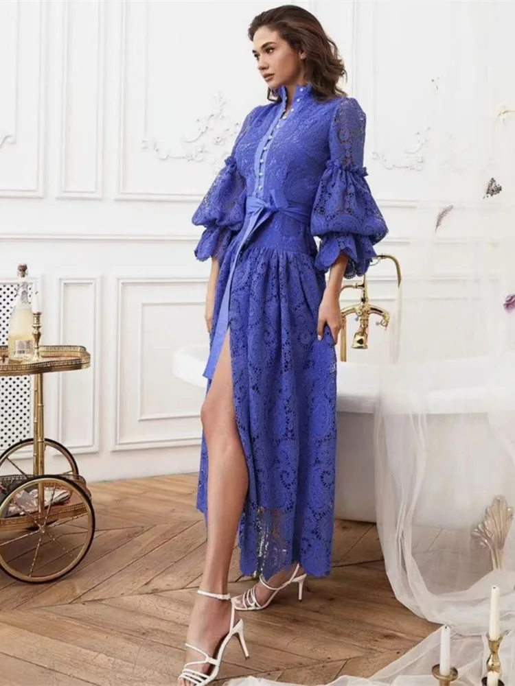 

Early Spring Fashion Brand Retro Design Standing Neck Lantern Sleeve Single Breasted Large Swing Cut Out Lace Long Dress