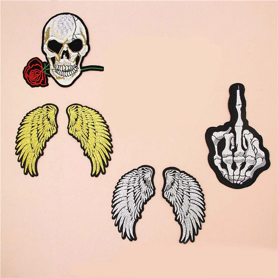 

Fabric Embroidered Skull Rose Wing Patch Clothes Sticker Bag Sew Iron On Applique DIY Apparel Sewing Clothing Accessories BU138
