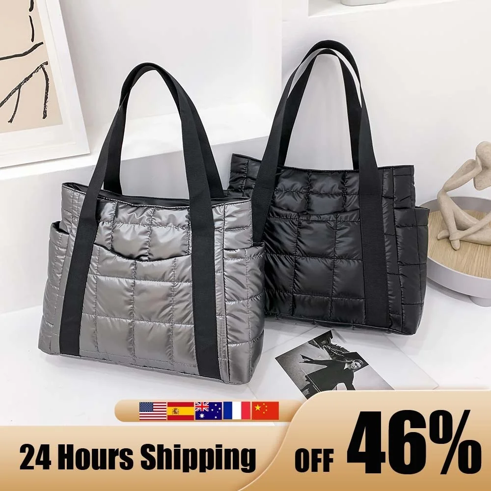 

Autumn Winter Nylon Women Large Capacity Handbags Casual Quilted Lattice Shoulder Bags Female Solid Color Shopping Bags Tote