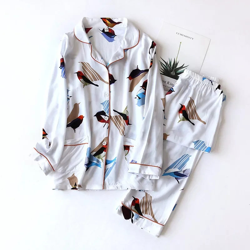 

100% Viscose Women Pajama Casual Turn-down Collar Long Sleeve Sleepwear Vintage Printed Pockets Summer Pyjama Femme