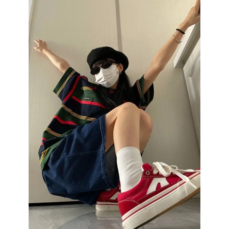 Y2K Summer Women Vintage Streetwear Korean Denim Shorts High Waist Knee Length Wide Leg Baggy Cargo Short Pants Harajuku Clothes