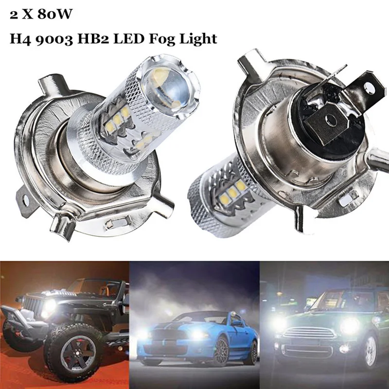 2PCS 80W White H4 9003 HB2 LED Fog Light Bulb Beam 12V LED Headlight 80W Hi/Low Beam Driving For Car DRL