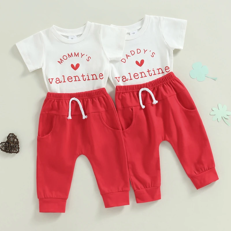 

Комплект одежды для маленьких мальчиков и девочек, футболка с коротким рукавом и буквенным принтом сердец + длинные красные штаны, комплект...