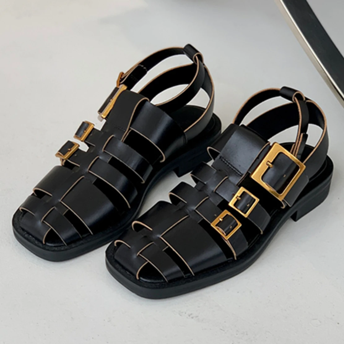 

Elmsk 2023 Summer Vintage Fashion Roman Sandals Comfortable Summer Flat Sandals Handmade Cowhide Pointed