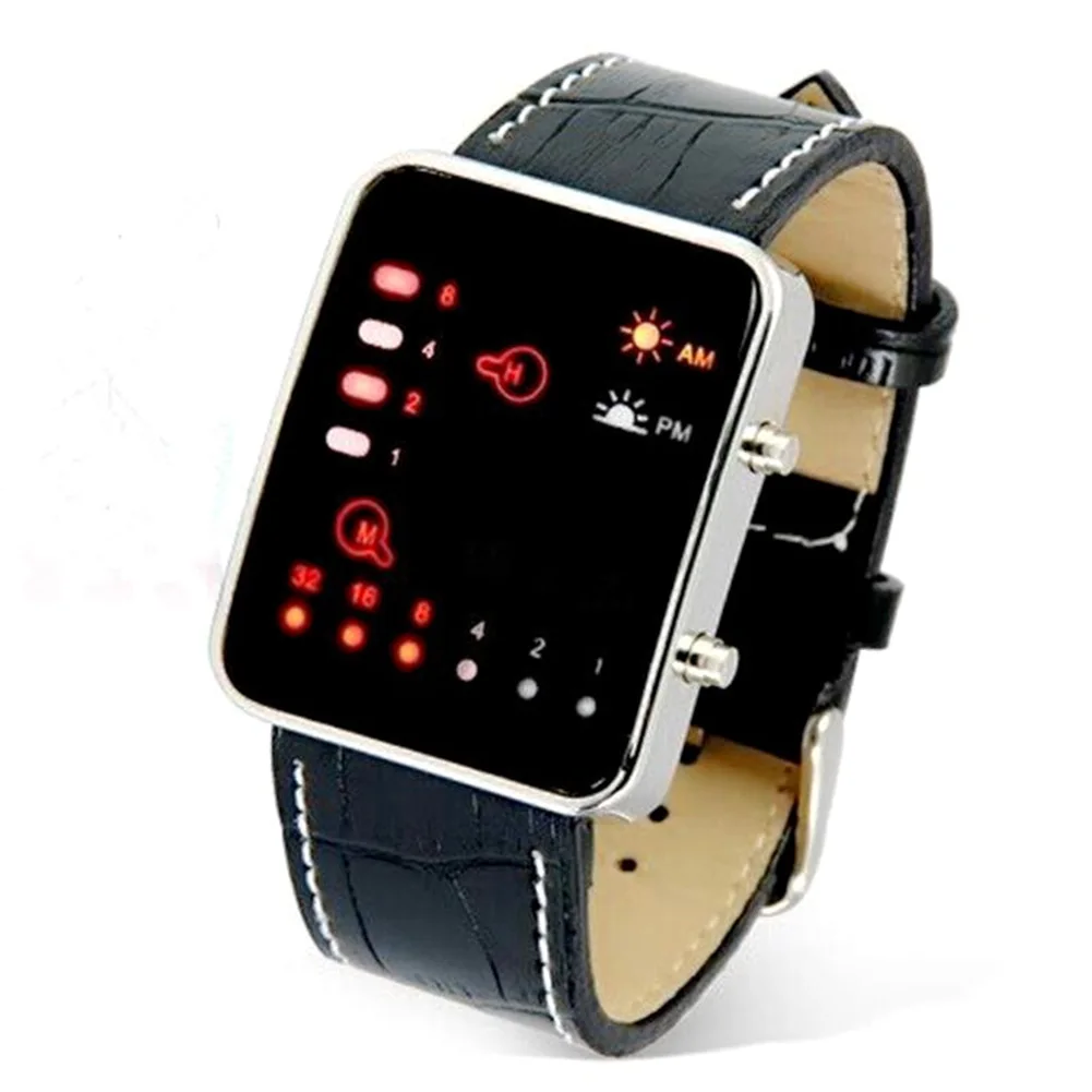 

Men Luminous Faux Leather Digital Waterproof LED Display Practical Daily Gift Fashion Rectangle Electronic Binary Sport Watch