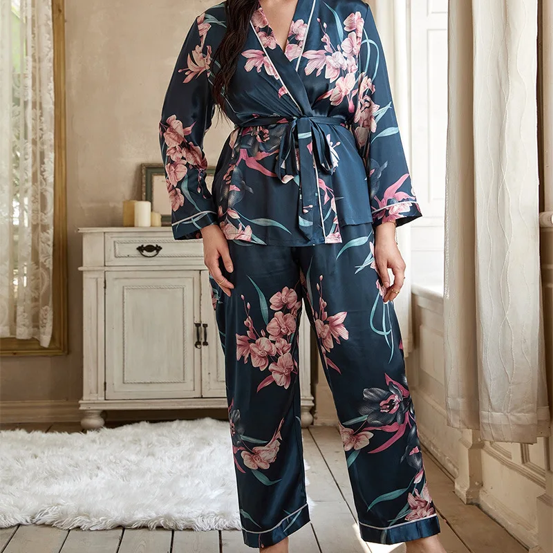 Large Size XL-5XL Sexy Sleepwear Flower Print Women Nightwear V-Neck Robe Pant Set Spring Summer Loose Lounge Wear Woman Clothes