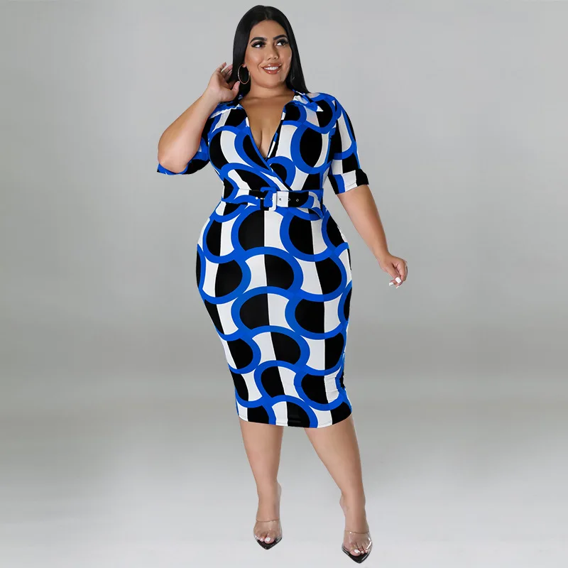 Plus Size Women's Chubby Dress Elegant Party Dress for Women Office Lady V-Neck Knee-length Slim Fit Blet Party Dresses Printing