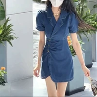 summer suit collar puff short sleeve sexy split mini dress ladies slim button pleated korean dress blue denim office lady dress