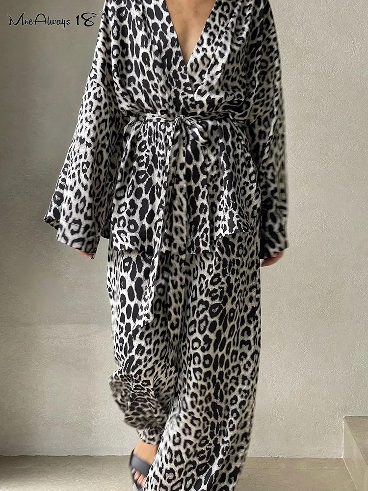 Mnealways18 штаны с леопардовым принтом комплекты женской домашней одежды 2024 блузки