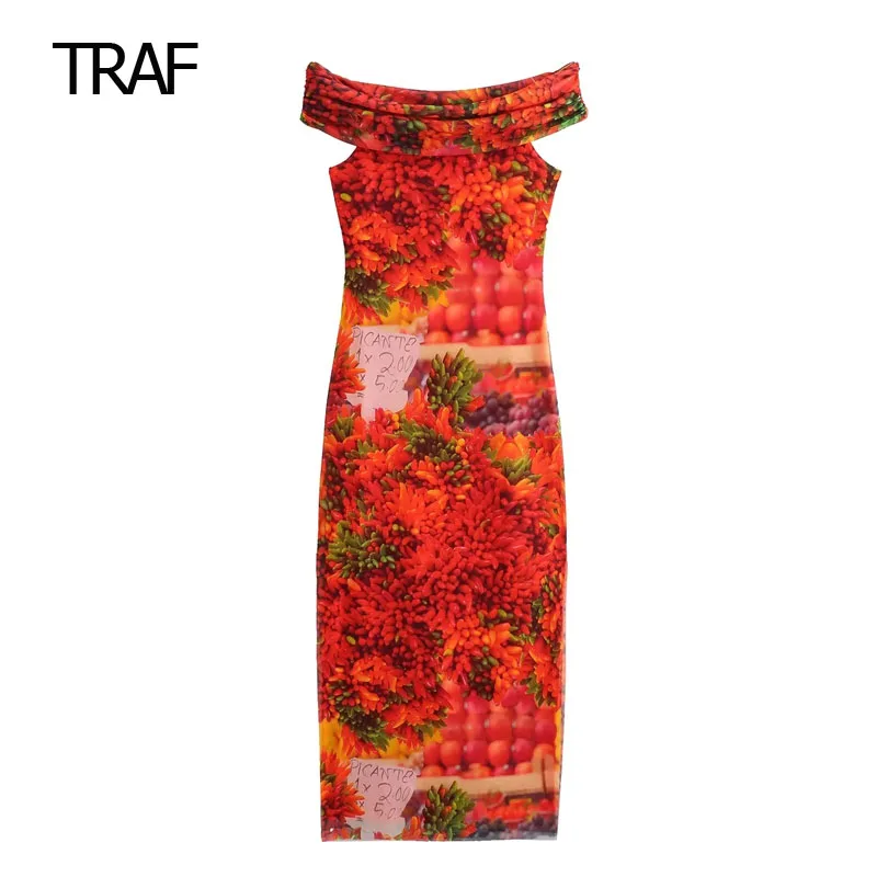 

TRAF Mesh Print Dress Summer Dresses Womens 2023 Ruffle Sleeveless Backless Cut-Out Side Slit Floral Dress Elegant Party Dress