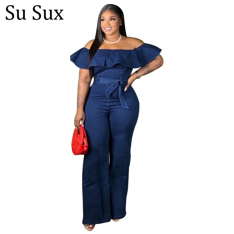 

Slash Neck Ruffles Jumpsuit Women 2022 Summer Rompers Plus Size High Waist Wide Leg Pants Jumpsuit Bodysuit Vestidos 5XL