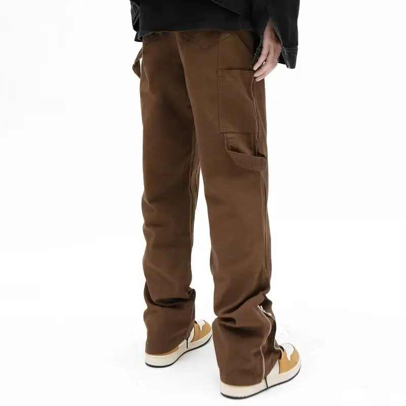 2023 High Street Ankle Zipper Vintage Brown Hip Hop Men Cargo Jeans Pants Y2K Clothes Straight Baggy Long Trousers Ropa Hombre