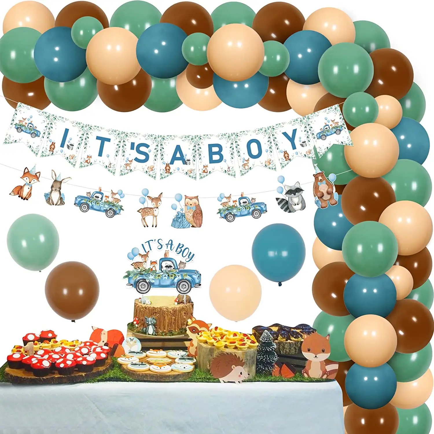

Woodland Forest Animals Baby Shower Decorations Balloon Garland Kit It’s A Boy Banner Cake Topper Foil Balloon for Gender Reveal
