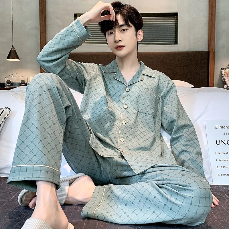 Весна-Осень джентльменская пижама из чистого хлопка с длинным рукавом Корейская