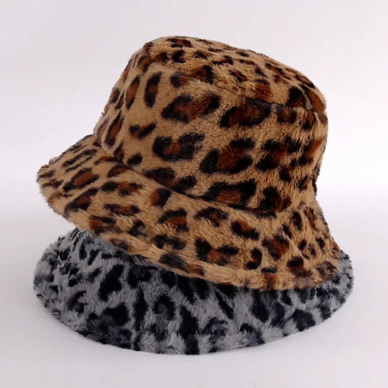 

Winter Cow Leopard Faux Fur Fluffy Bucket Hats Women Outdoor Warm Sun Hat Soft Velvet Furry Fisherman Cap Girl Fashion Panama