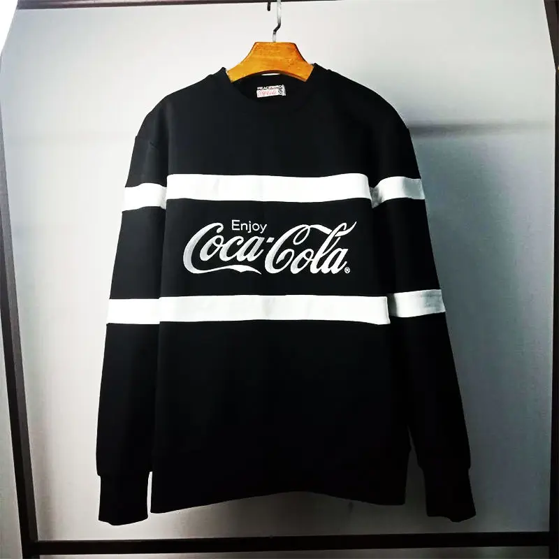 Sweater men's Coca-Cola embroidery clothes trend round neck stitching embroidery black and white contrast color pullover