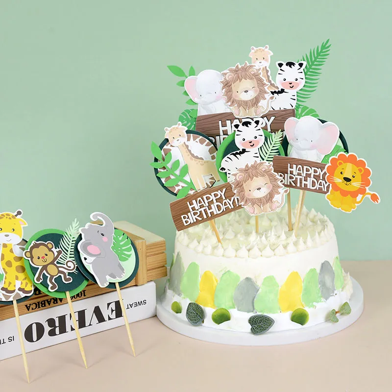 

Forest Animal Themed Happy Birthday Cake Topper Safari Jungle Party Animal Cake Topper Kids Boy Cupcake Paper Flag Decoration