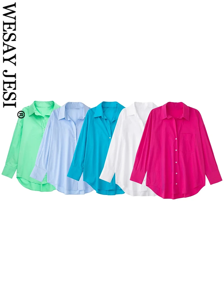 

WESAY JESI Повседневная Свободная Однотонная рубашка однобортная модная универсальная рубашка с простым отложным воротником Топ темпераментн...
