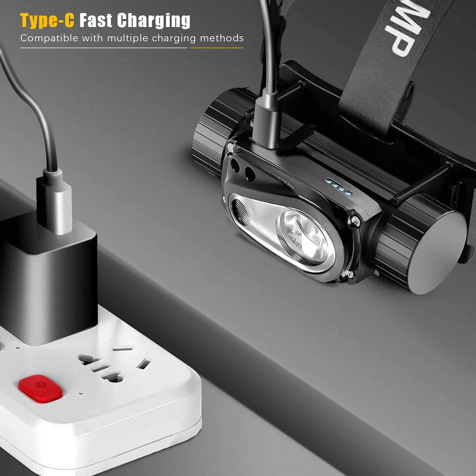 Фото Сенсорная светодиодная фара Power Bank Тип USB C Налобный фонарь Открытый налобный фонарь для приключений Белая лампа Вспышка Верховая езда Рыбалка Охота №2