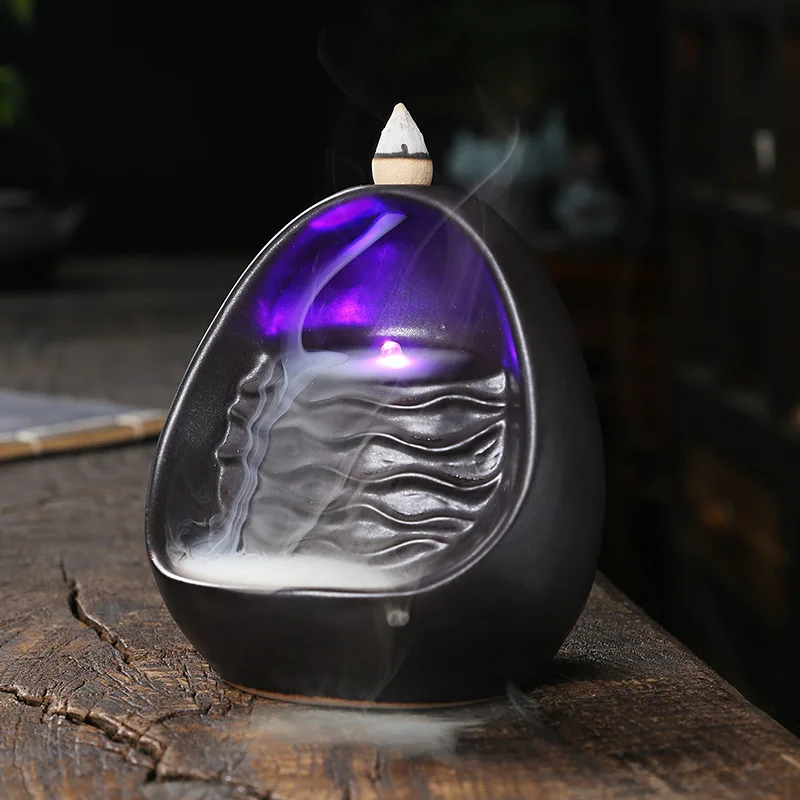 

Ceramic LED Light Aromatherapy Furnace Backflow Incense Creative Sandalwood Large Blue Reflow Furnace Home Decoration Censer