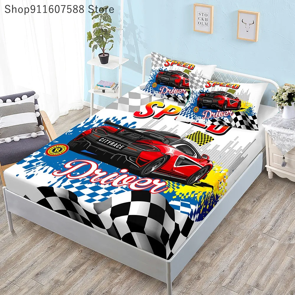 

Sport Racing Car Elastic Fitted Bed Sheet Set Cartoon Cars Mattress Cover With Elastic Twin Full Queen King Size For Kids Boys