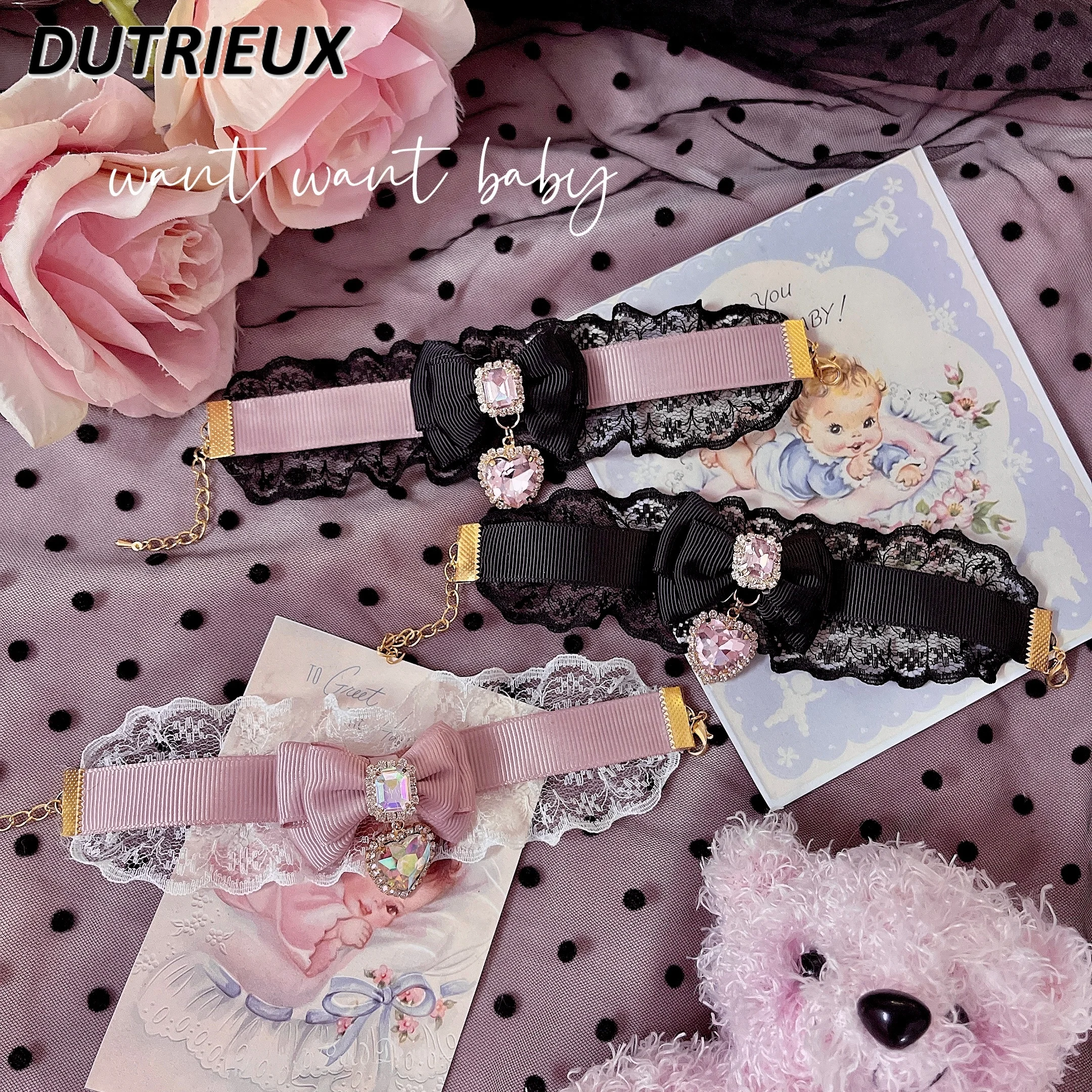 

Japanese Lolita Sytle Women Accessories Sweet Lace Love Heart Bow Tie Rhinestone Oversleeves Brace Lace Bracelet Pulseras Mujer