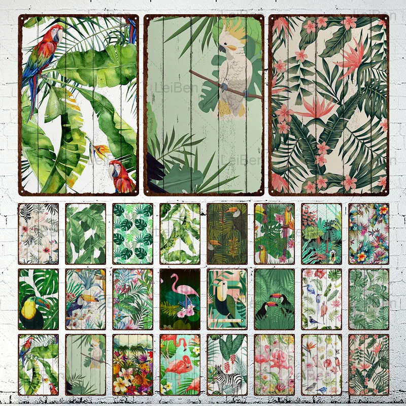 

Tropical Plants Floral Metal Plaque Parrot Flamingo Animal Vintage Tin Sign Shabby Chic Iron Plate Wall Decor Courtyard Garden