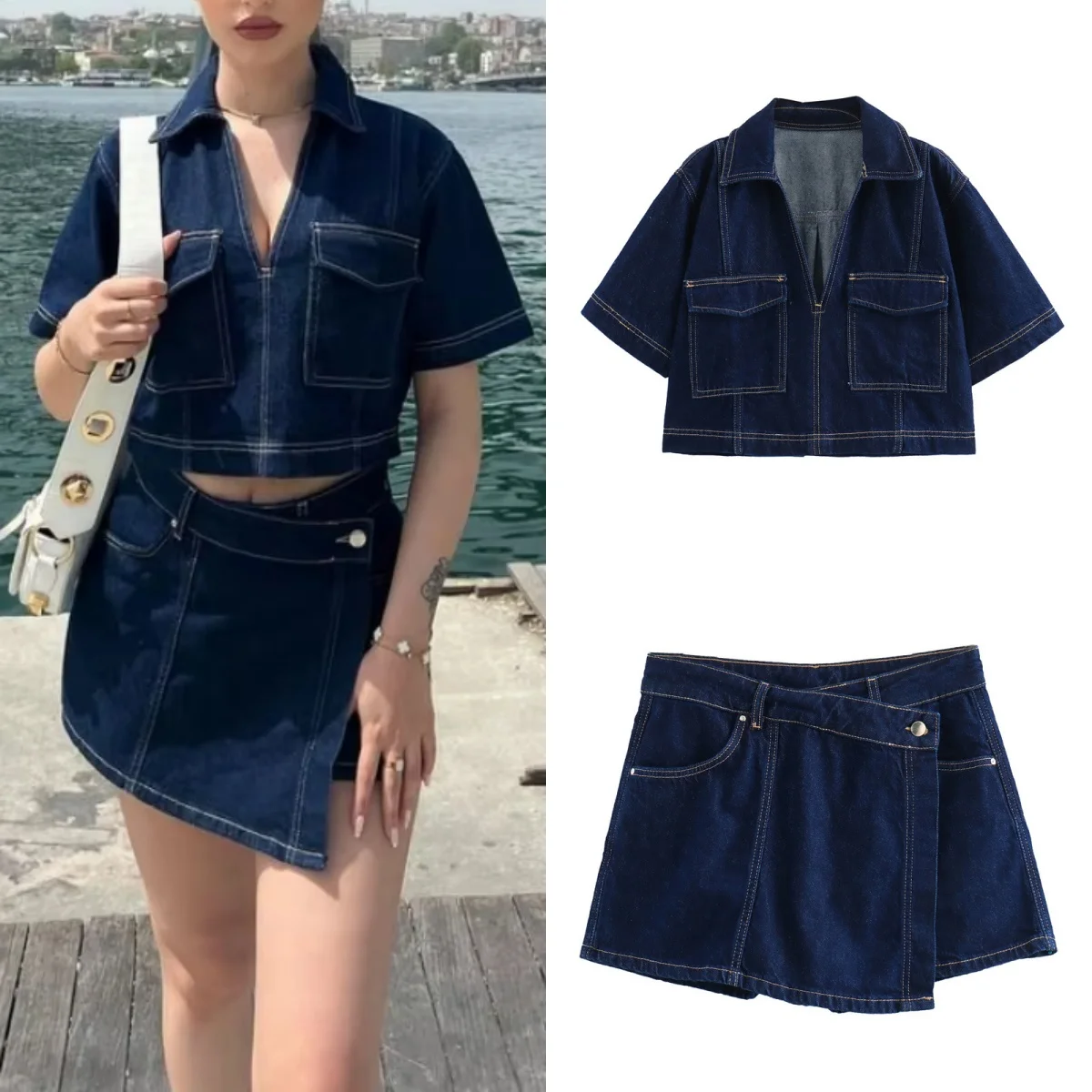 Zark Y2k Vintage 2024 Женский модный тонкий джинсовый топ с короткими лацканами и