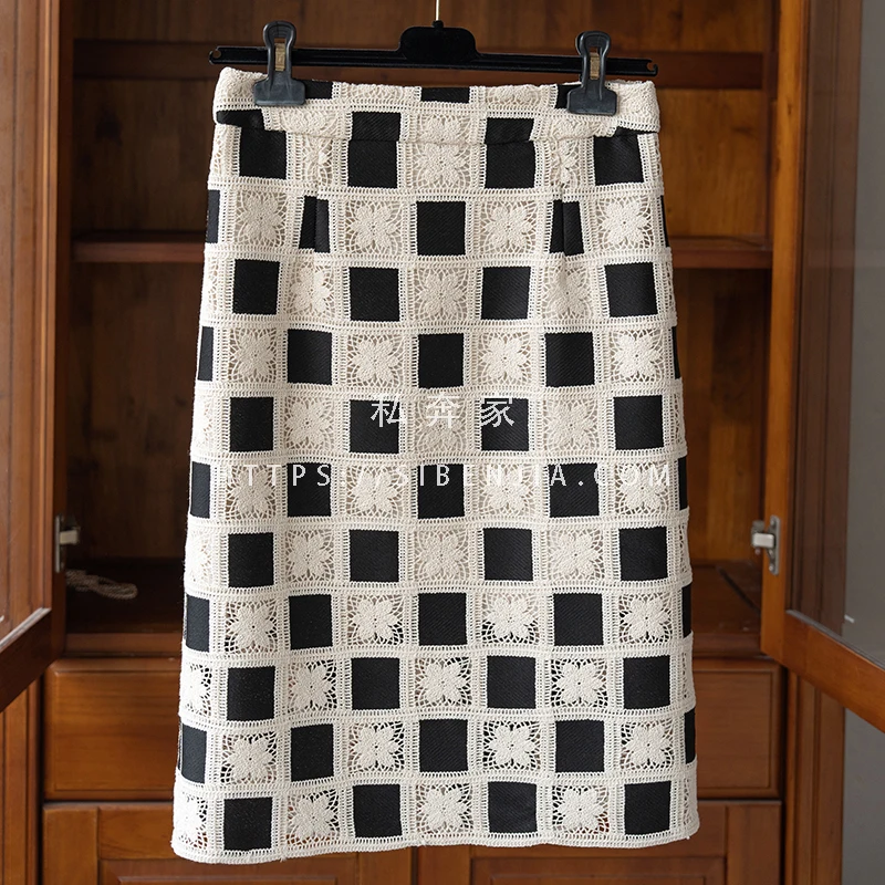 

Fashion Checkered Contrasting Hollow Embroidery Skirts for Womens Elegant Office Work Lady Casual Sexy 2023 Aesthetic Clothing