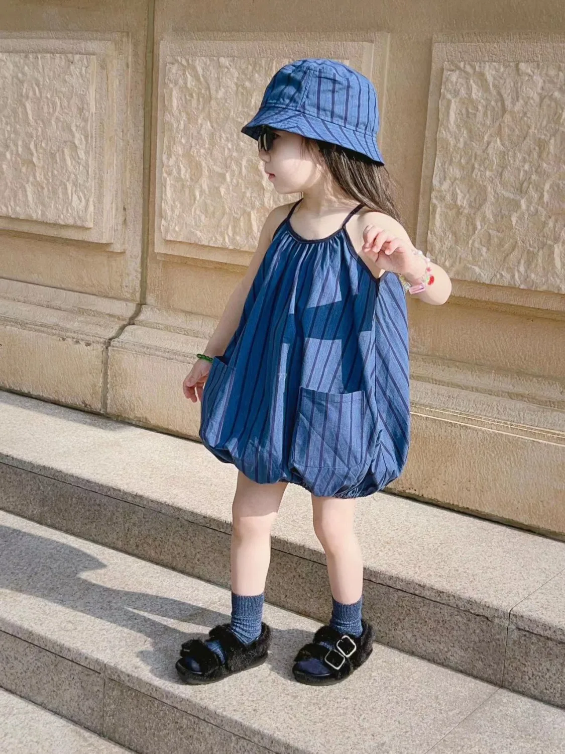 

Bud Skirt Fashion New Stripe Pockets Korean Style Pretty Cotton Soft Casual Sleeveless Baby Girls Dress Clothing
