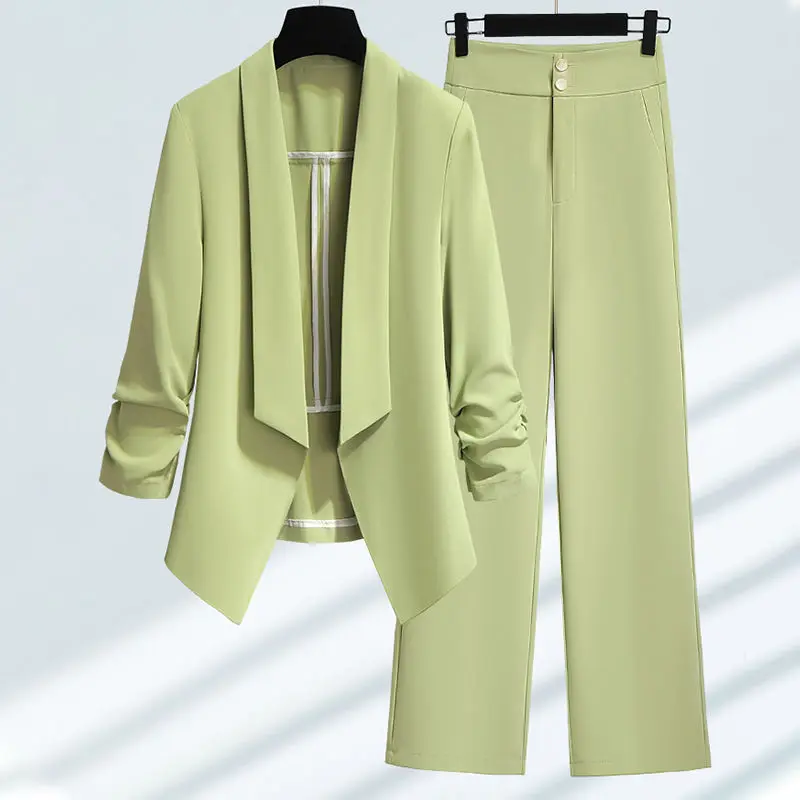 Korean Style Slim Fitting Thin Jacket Blazer Casual Wide Leg Pants Two-piece Elegant Women's Pants Set Summer Office Outfits
