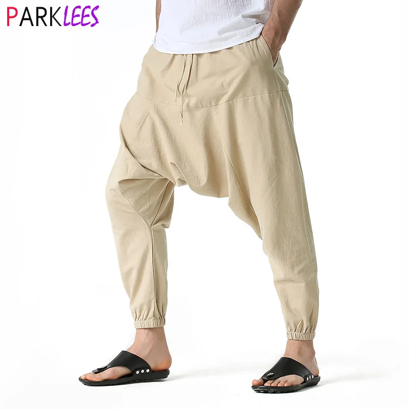 

Men's Hippie Baggy Genie Boho Yoga Harem Pants Cotton Low Drop Crotch Joggers Sweatpants Casual Hip Hop Streetwear Trousers 3XL