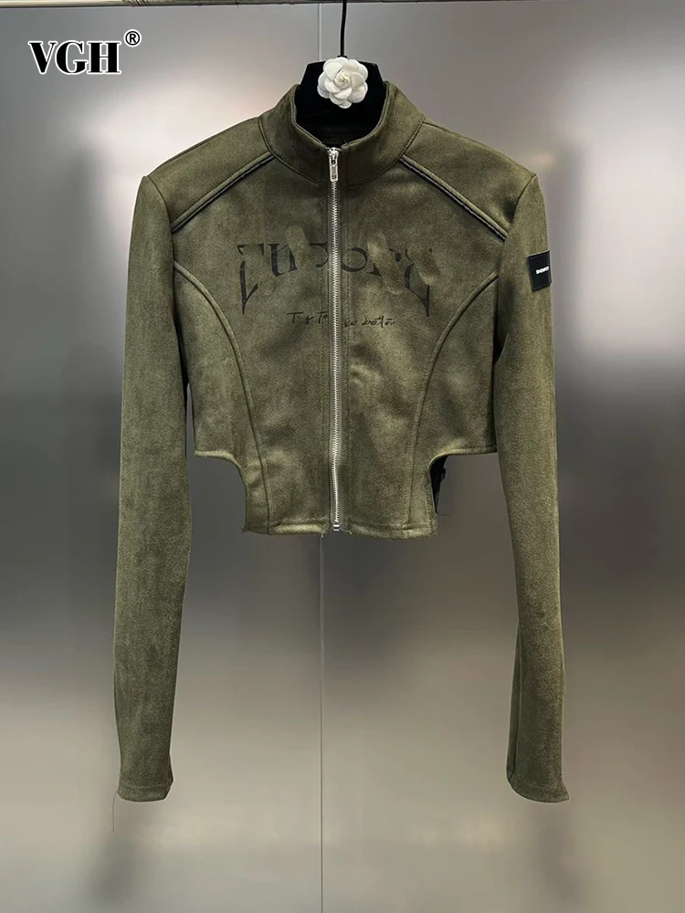 

VGH Hit Color Letter Print Slimming Coat For Women Stand Collar Long Sleeve Patchwork Zipper Irregular Hem Casual Coats Female