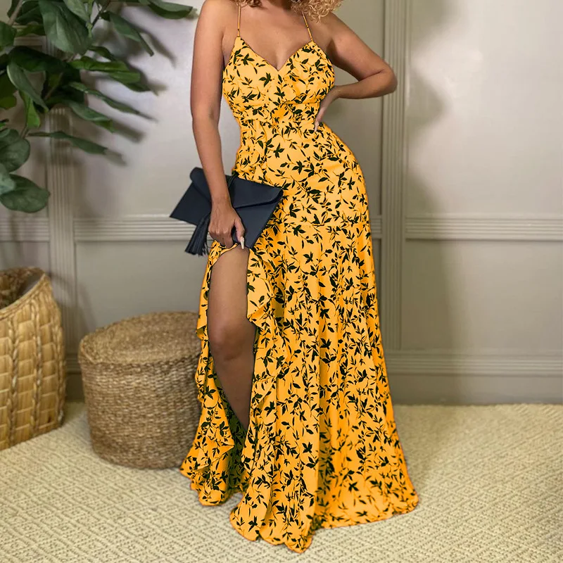 Female Fashion Floral Sling Dress Sexy High Slit Dresses 2022 Autumn New Elegant Women Ruffle Panel Irregular Maxi Dress