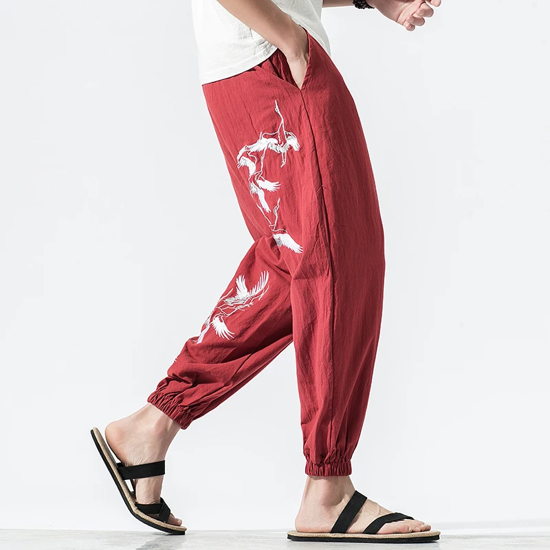 Мужские хлопковые льняные шаровары однотонные штаны с эластичным поясом уличная