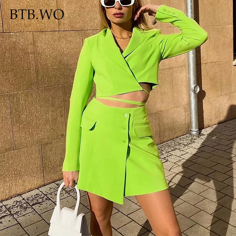 

BTB.WO TRAF женский костюм 2022 модный короткий пиджак и юбка костюмы со шнуровкой брюки женский комплект из 2 предметов шикарные женские комплект...