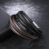 fashion viking stainless steel leather bracelet mens handmade multi layer braided rope bracelet jewelry gifts for men and women