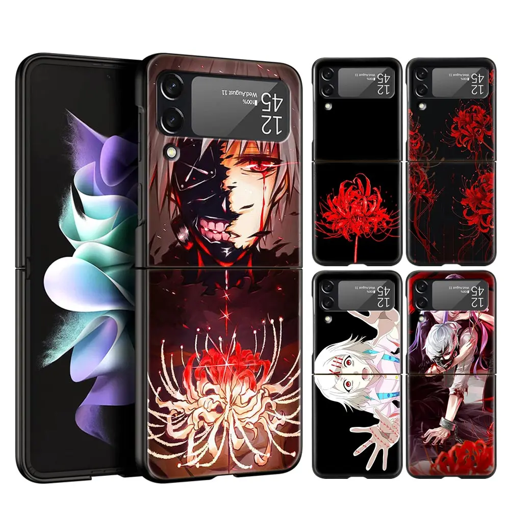 

For Samsung Galaxy Z Flip 3 4 5G Hard Black Folding PC Phone Case Anime Tokyo Ghoul Flowers Luxury For Samsung Z Flip3 Cover
