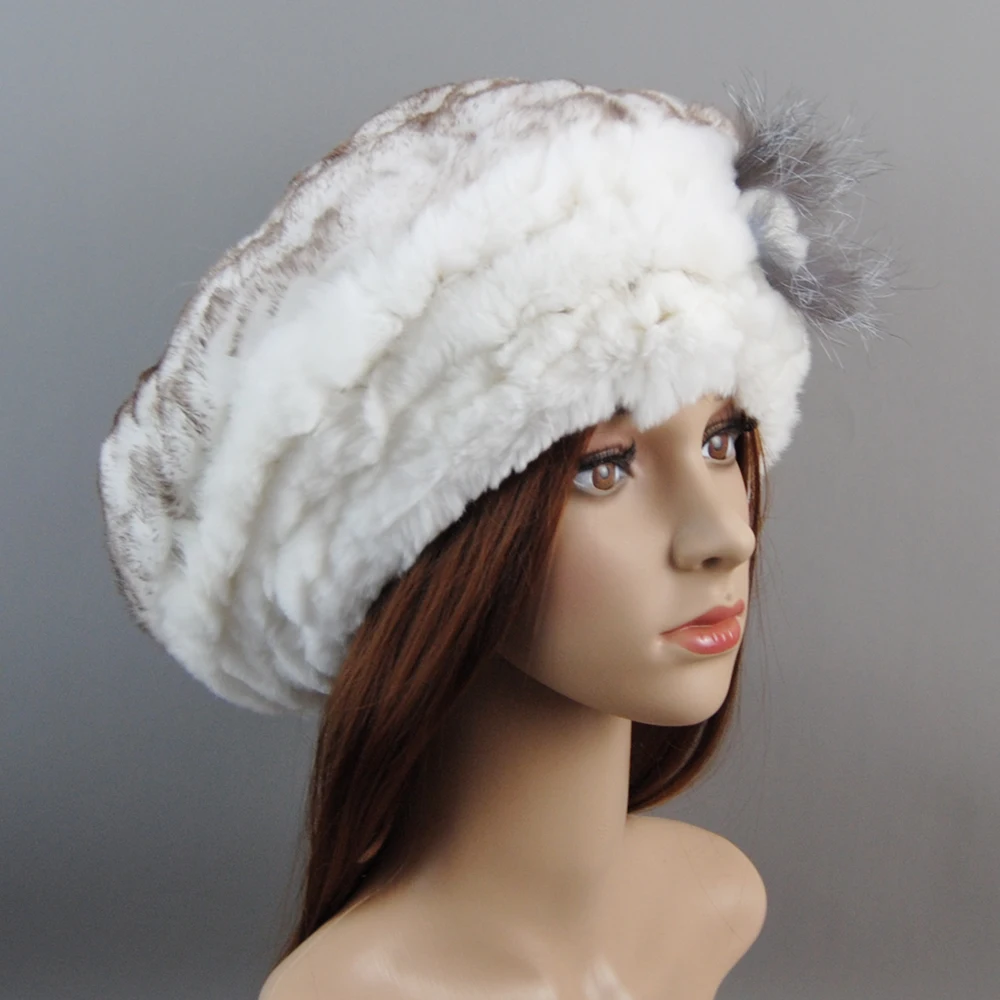 Новый стиль женские береты вязаные шапки из натурального меха кролика рекс