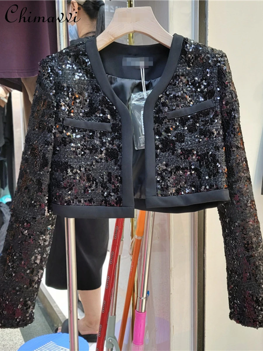 

European Autumn Ladies Fashion Elegant V-neck Long Sleeve Jacket Women 2022 Streetwear Embroidery Sequins Bingbing Short Coat