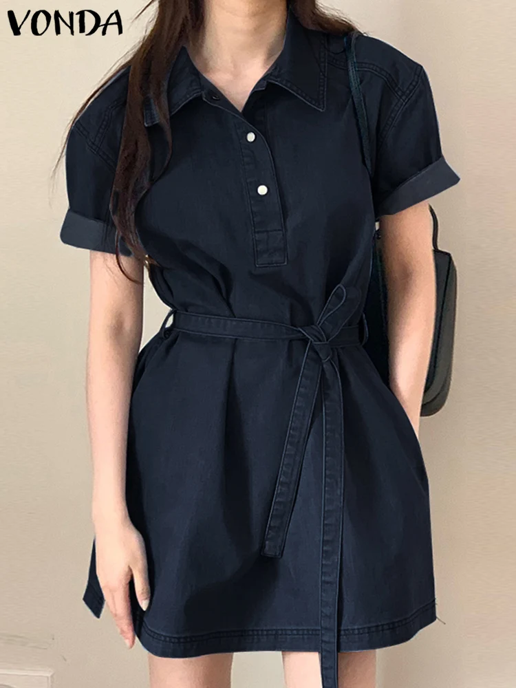 

2023 летнее женское джинсовое винтажное платье-рубашка VONDA, модное Повседневное платье с коротким рукавом, поясом и карманами, мини-сарафан с лацканами, халат на пуговицах