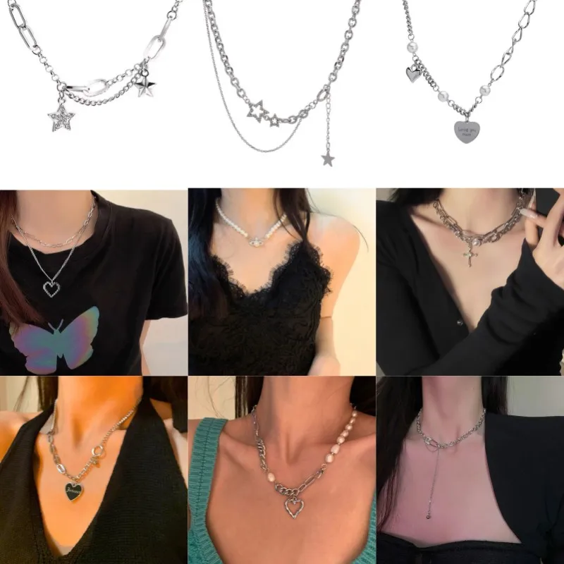 

Y2k Jewelry for Women 2023 Fashion Pentagram Silver Color Chain Zircon Charm Necklaces Shiny Star Layered Tassel Choker Necklace