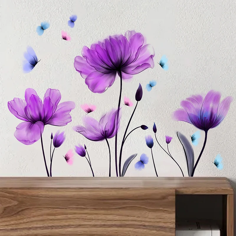 

Wall Stickers Purple Flowers Home Room Decoration Bedroom Living Room Adhesive Bathroom Wall Furniture Door House Interior Decor